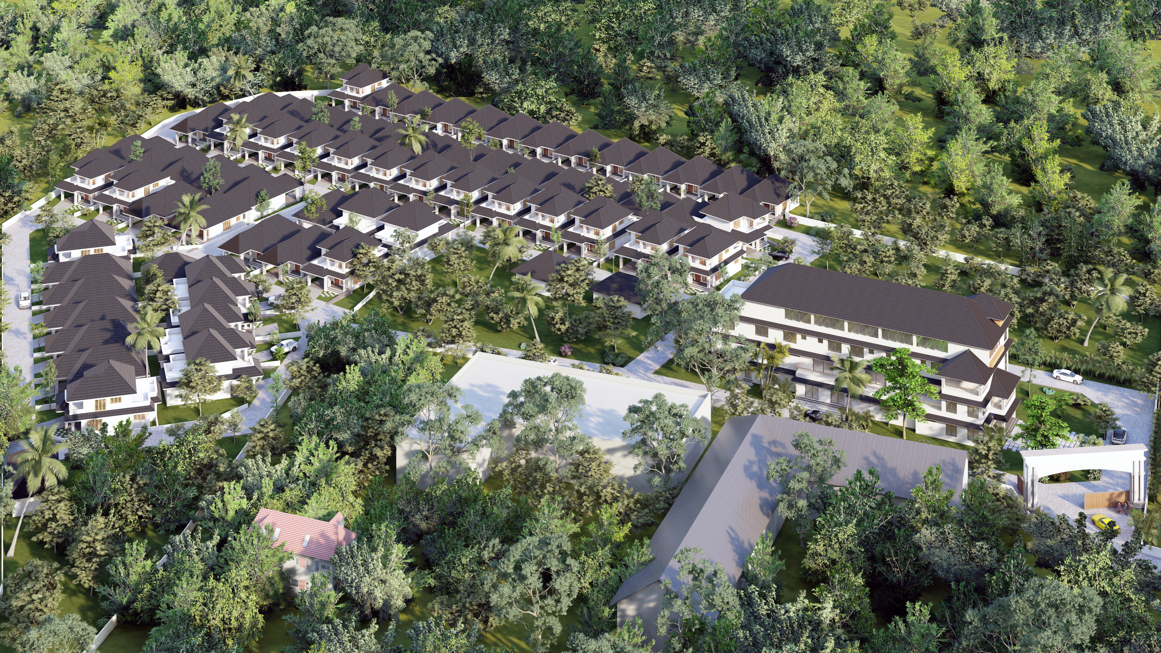 Aerial view of Nirvana Living luxury villa township surrounded by lush greenery
